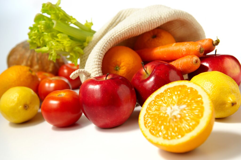 Colorful Fruit & Veggie Arrangement Wallpaper: Fresh Health Display