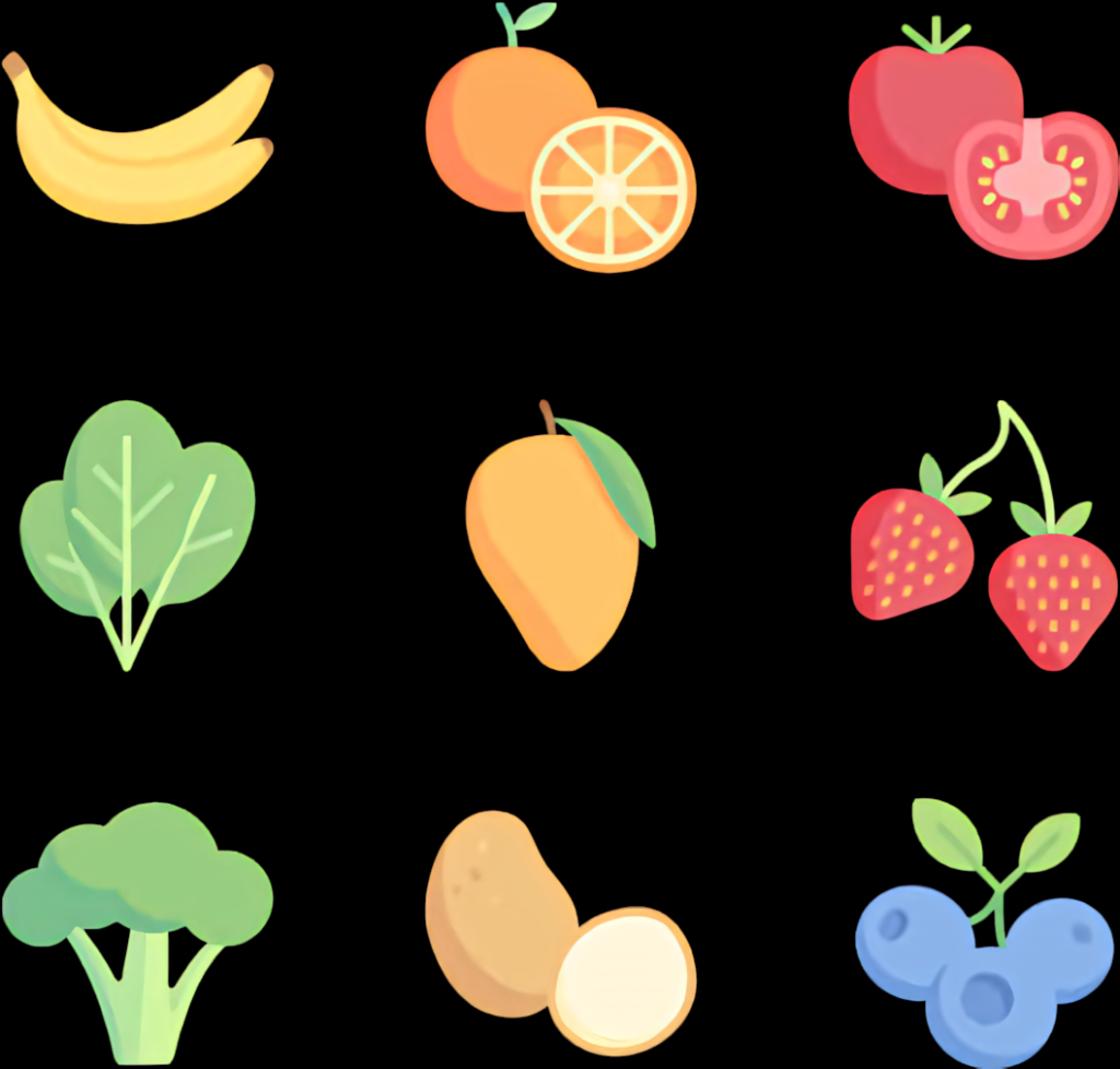 Vibrant Fruit and Vegetable Wallpaper on Black Background