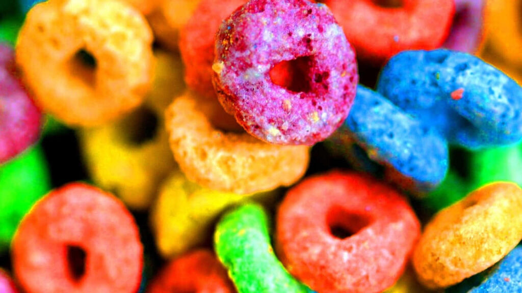 Vibrant Fruity Cereal Loops Close-Up: Cheerful Breakfast Wallpaper