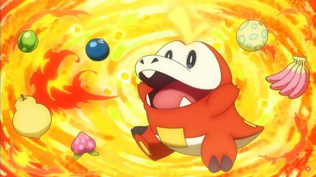 Anime wallpaper of Fuecoco Fire-type Pokémon leaping through swirling orange flame vortex with berries