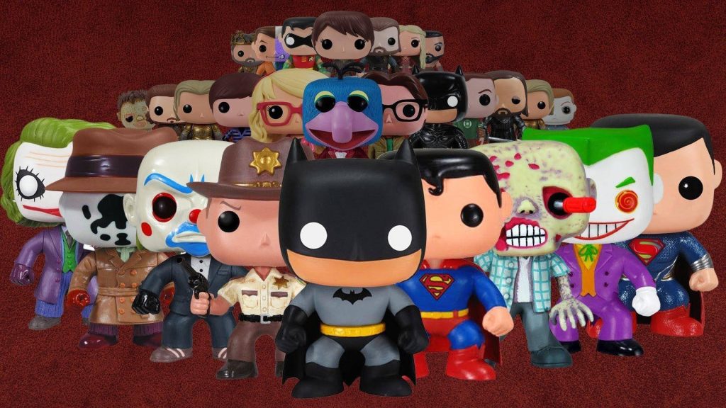 Funko Pop vinyl wallpaper collage with Batman Superman Joker Rorschach Rick Grimes Gonzo