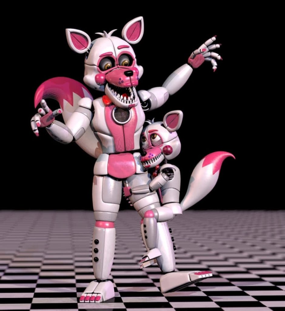 Vibrant 3D Funtime Foxy animatronic with companion on checkerboard floor FNAF wallpaper background