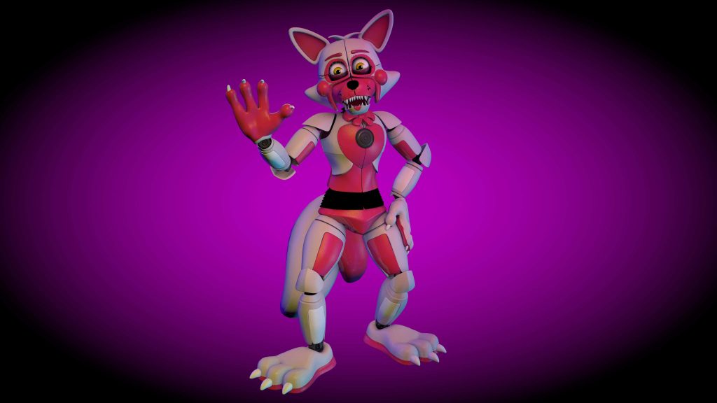 Vibrant CGI wallpaper of Funtime Foxy animatronic waving on deep purple Five Nights at Freddy's background