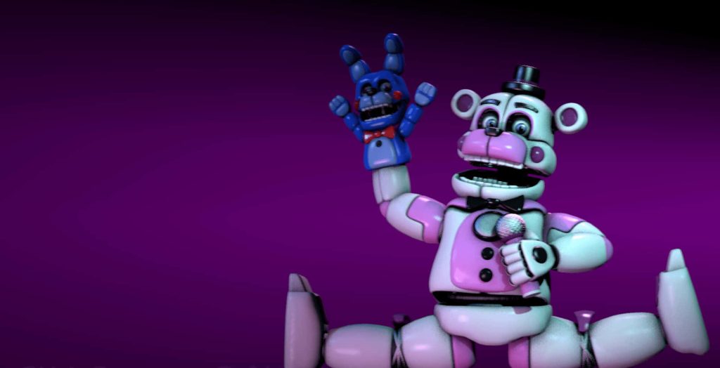 Funtime Freddy 3D render with Bon Bon on purple background vibrant Five Nights at Freddy's wallpaper