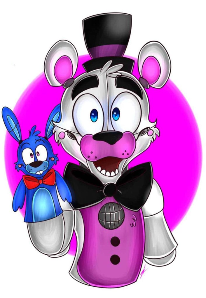 Vibrant Funtime Freddy and Bon-Bon digital art on bold pink background Five Nights at Freddy’s wallpaper