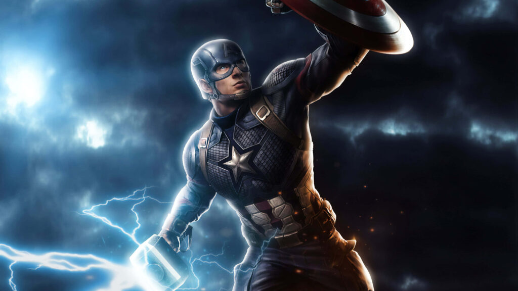 Unleashing Thunder: Captain America Wields Mjolnir Wallpaper