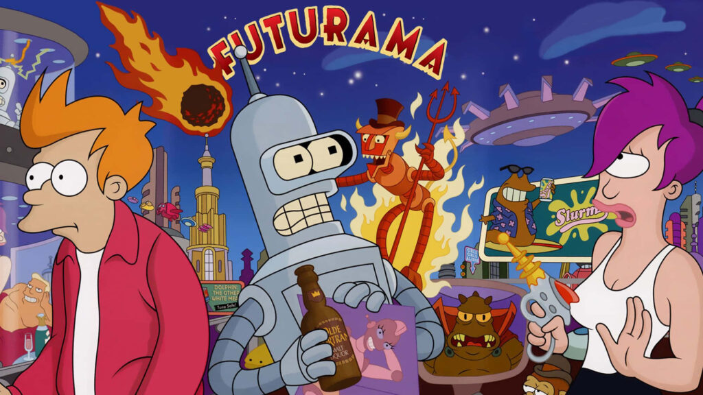 Vibrant Futurama Wallpaper: Fry, Bender & Leela's Futuristic Adventure