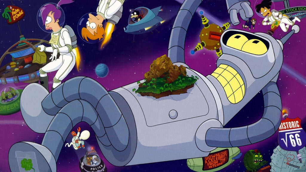 Futurama Characters in Vibrant Outer Space Wallpaper Background