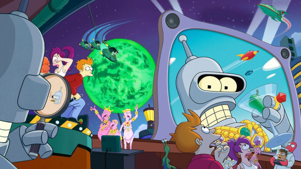 Quirky Futurama Wallpaper: Main Characters in a Quirky Space Setting