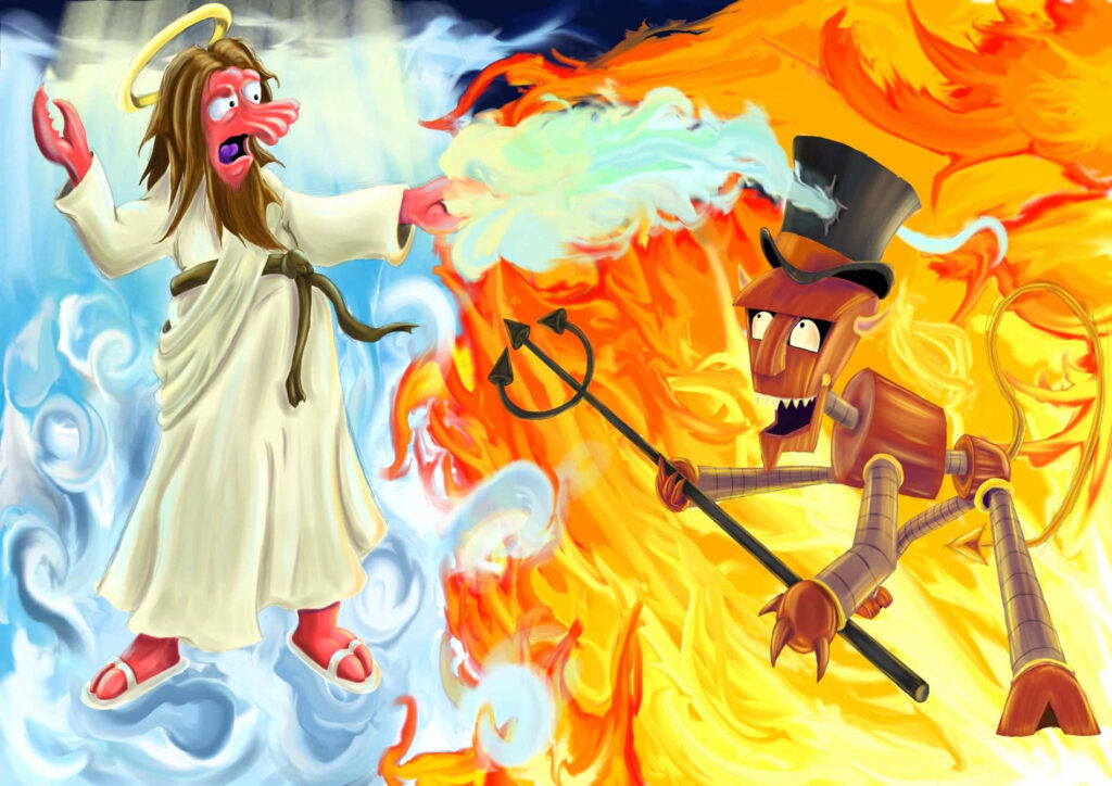 Futurama Wallpaper: Zoidberg as Saint vs. Robot Devil in Dramatic Art