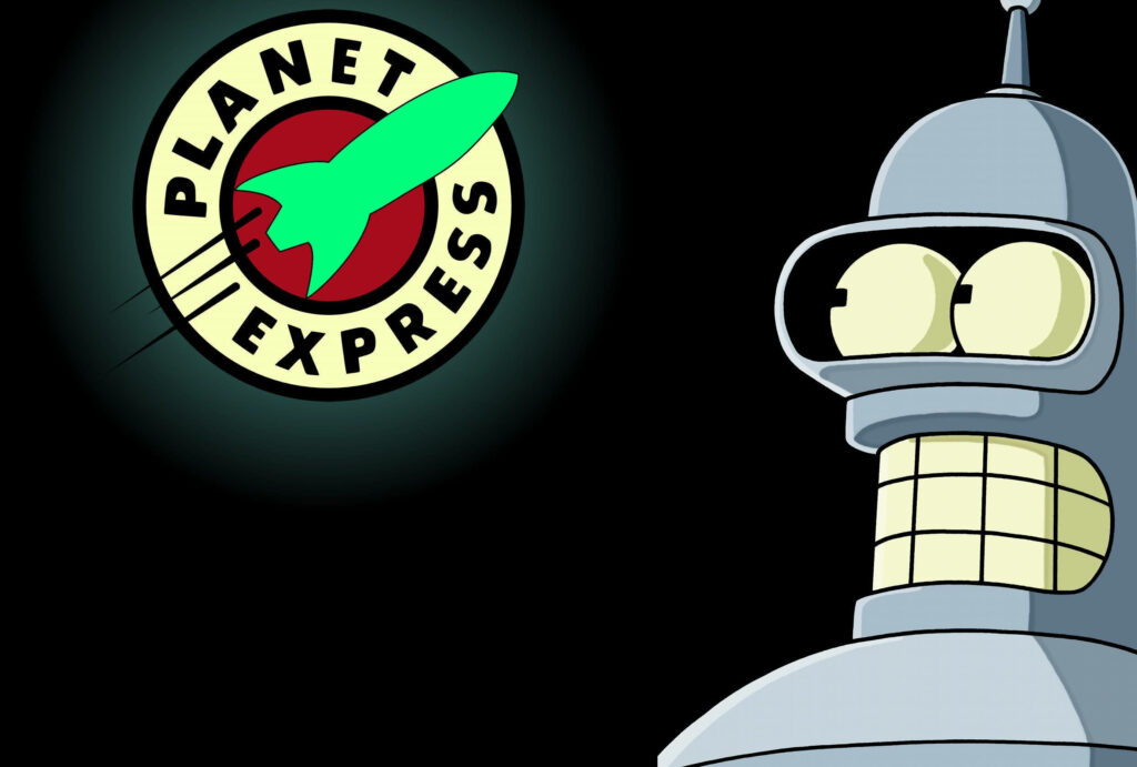 Vibrant Futurama Wallpaper: Bender & Planet Express on Dark Background