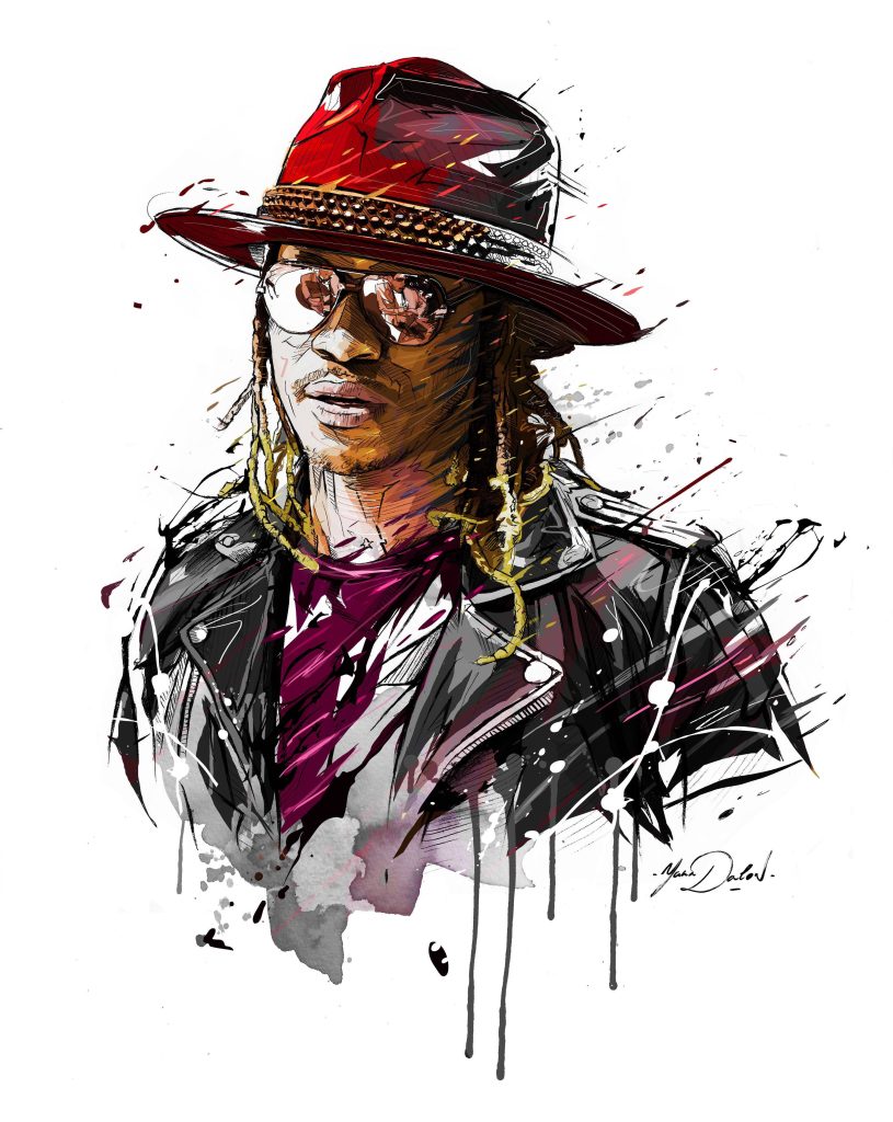 Vibrant digital portrait of rapper Future in red fedora and leather jacket with bold ink lines Wallpaper