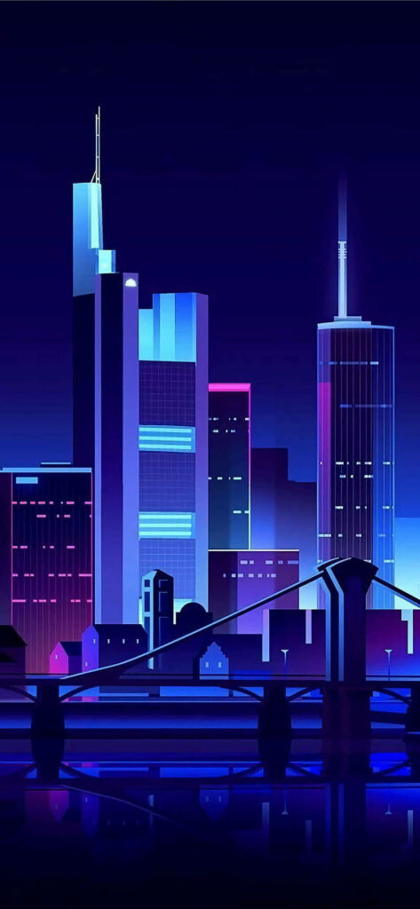 Futuristic Cityscape Wallpaper: Neon Buildings & Serene Night Skyline