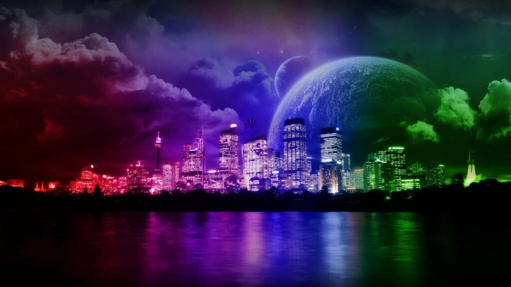 Futuristic Neon Cityscape with Cosmic Backdrop - Stunning Wallpaper