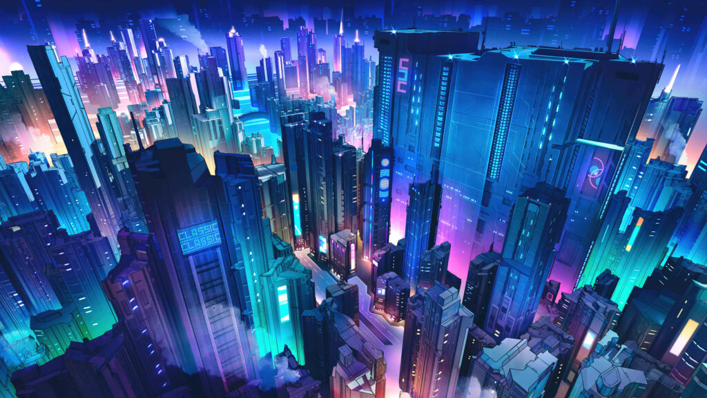 Vibrant Neon Cityscape Wallpaper: Futuristic Skyline at Sunset