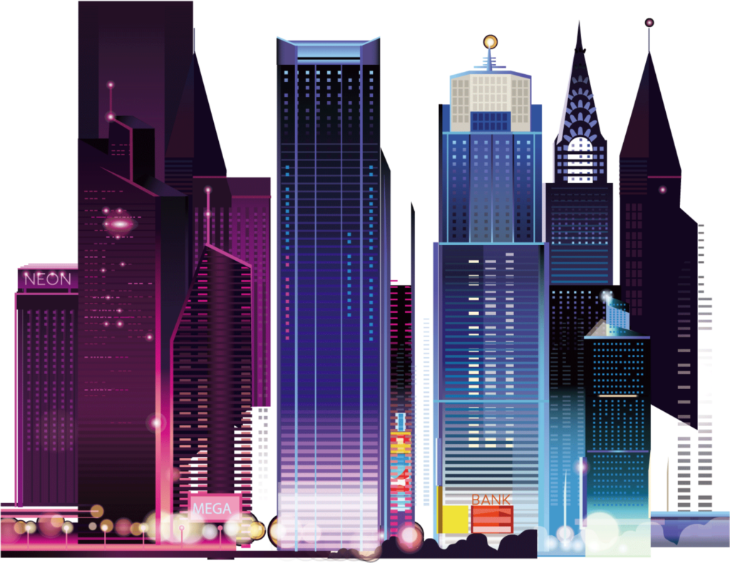 Futuristic Cityscape Wallpaper: Neon Lights & Skyscrapers Illustration