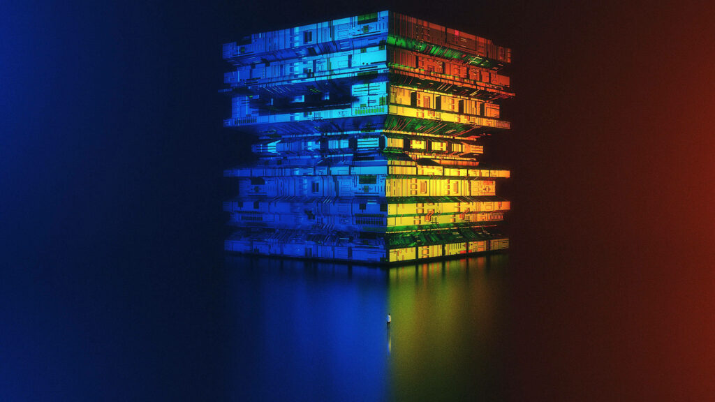Vibrant Futuristic Cityscape Wallpaper with Glowing Multicolored Cube