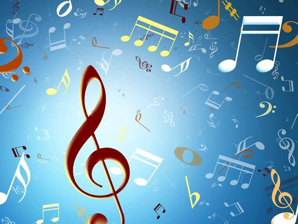 Vibrant G-Clef Wallpaper: Energetic Blue Background with Colorful Notes