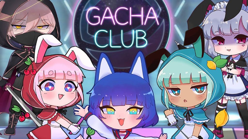 Colorful Gacha Club wallpaper with cute chibi anime characters on neon-lit stage background