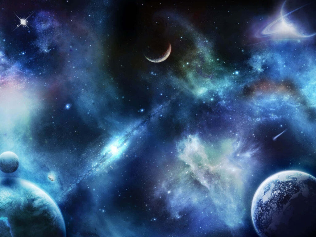Vibrant galaxy scene with colorful cosmic clouds, glowing planets, and a crescent moon. Wallpaper