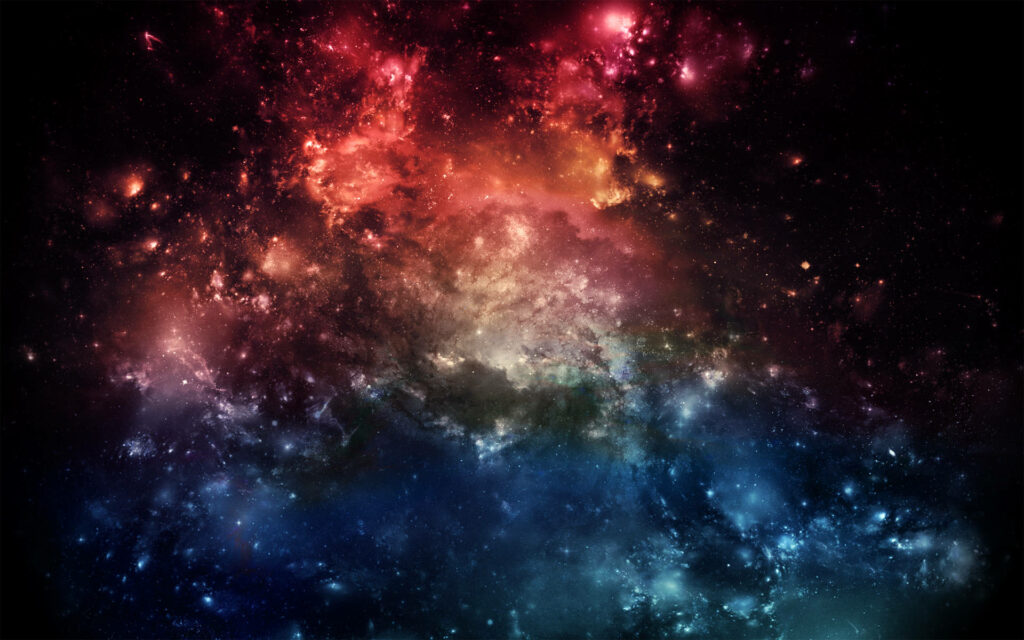 Vibrant galaxy wallpaper with colorful stars and cosmic clouds in red, orange, and blue hues.