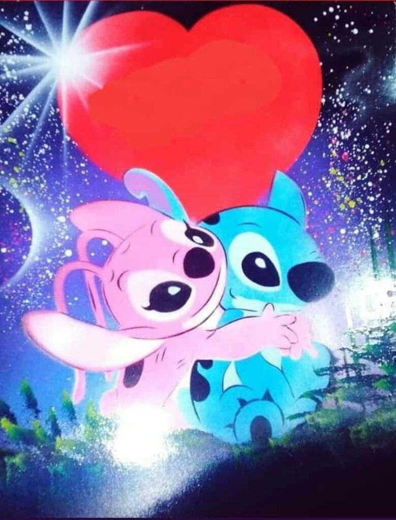 Charming Animated Duo Embrace Under Heart in Colorful Galactic Background Wallpaper