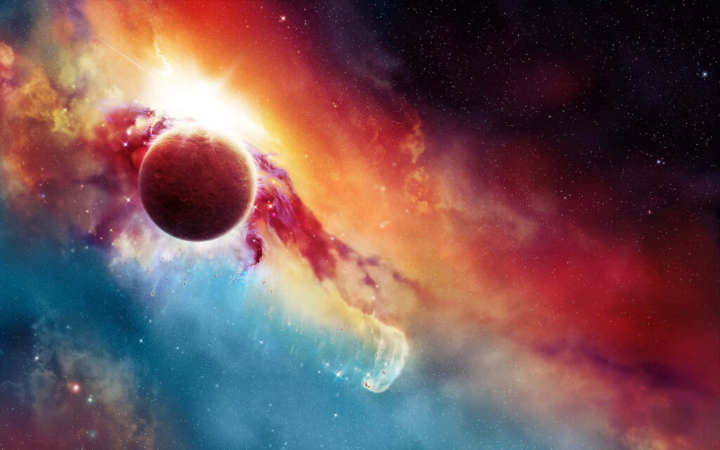 Vibrant Galaxy Wallpaper: Glowing Planet & Cosmic Clouds Background