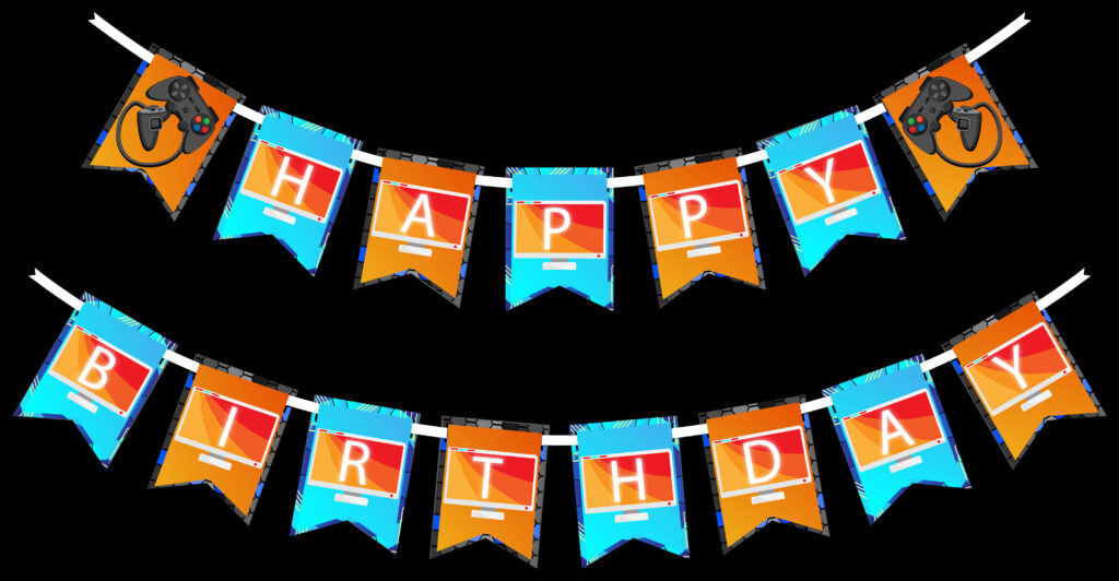 Festive Gamer Birthday Wallpaper with Colorful Banner & Controllers