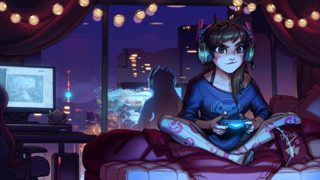 Vibrant Gamer Wallpaper: Cozy Room with Cityscape & String Lights