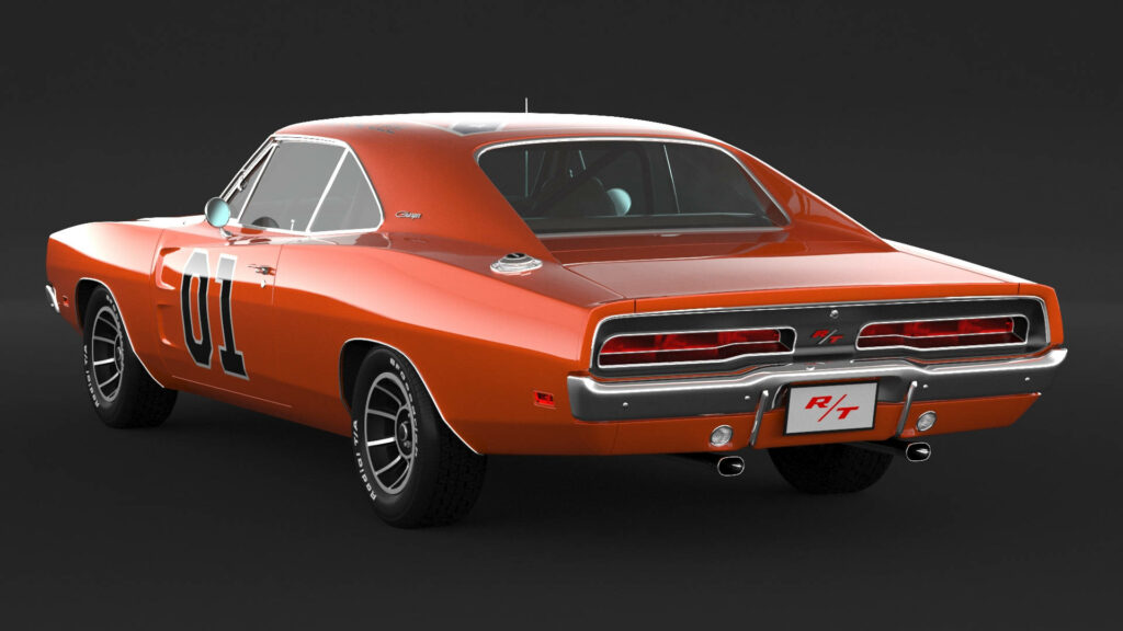Rear view of bright orange General Lee Dodge Charger 01 classic car on dark wallpaper background