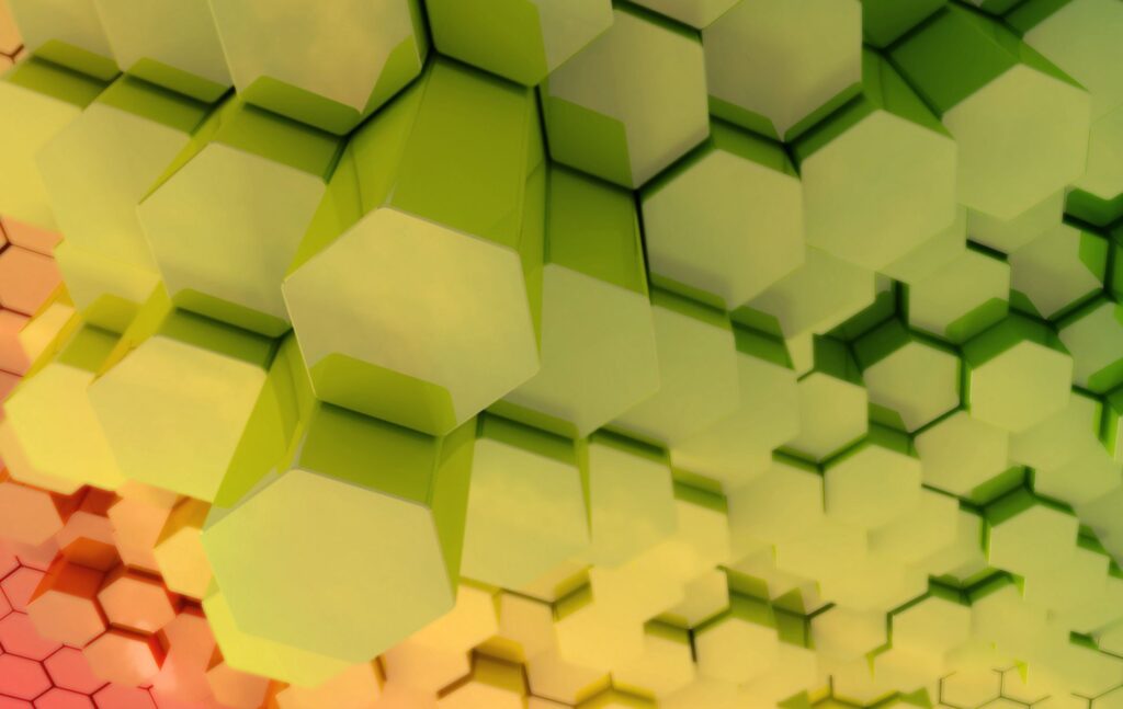 Vibrant 3D Hexagonal Pattern Wallpaper in Green, Yellow, and Orange