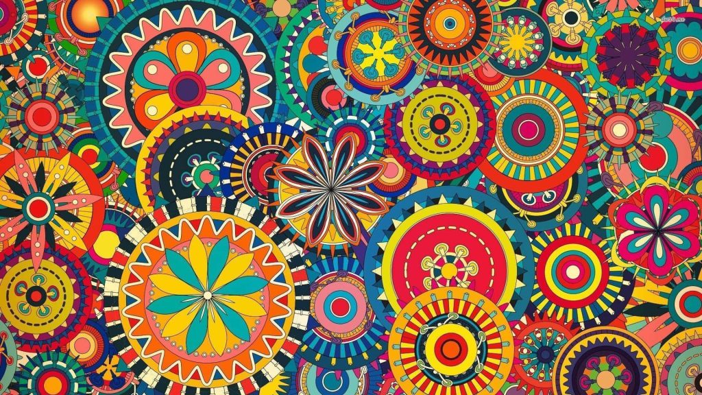 Vibrant abstract wallpaper with colorful geometric circles mandalas retro sunburst patterns bold design