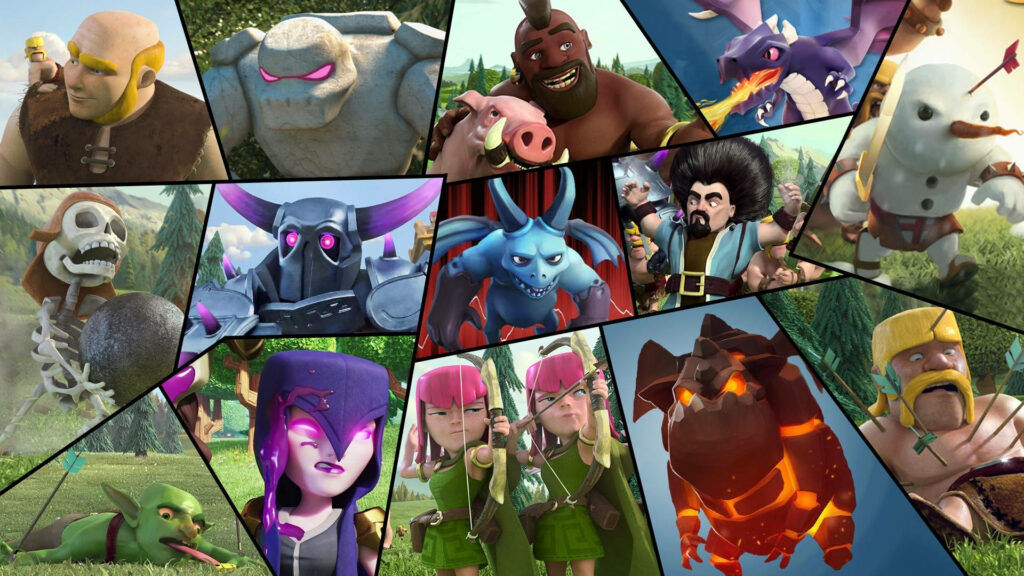 Geometric Clash of Clans wallpaper with vibrant iconic characters in bold angular frames background
