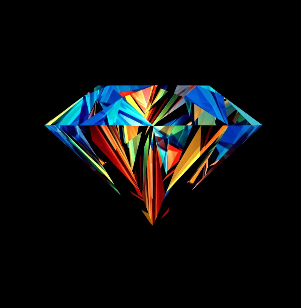 Geometric diamond wallpaper with vibrant blue orange red facets on a deep black background
