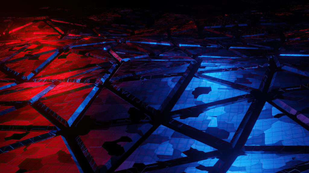 Vibrant Metallic Geometric Design in Red and Blue: HD Wallpaper with Striking Gridlines