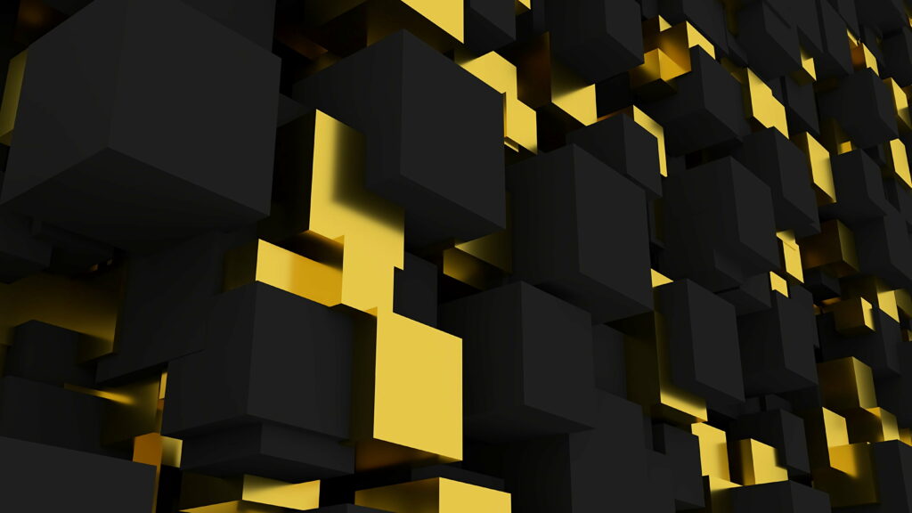 Vivid Geometric Dynamics: A Striking 5K Wallpaper Background with Black, Yellow, and Square Figures