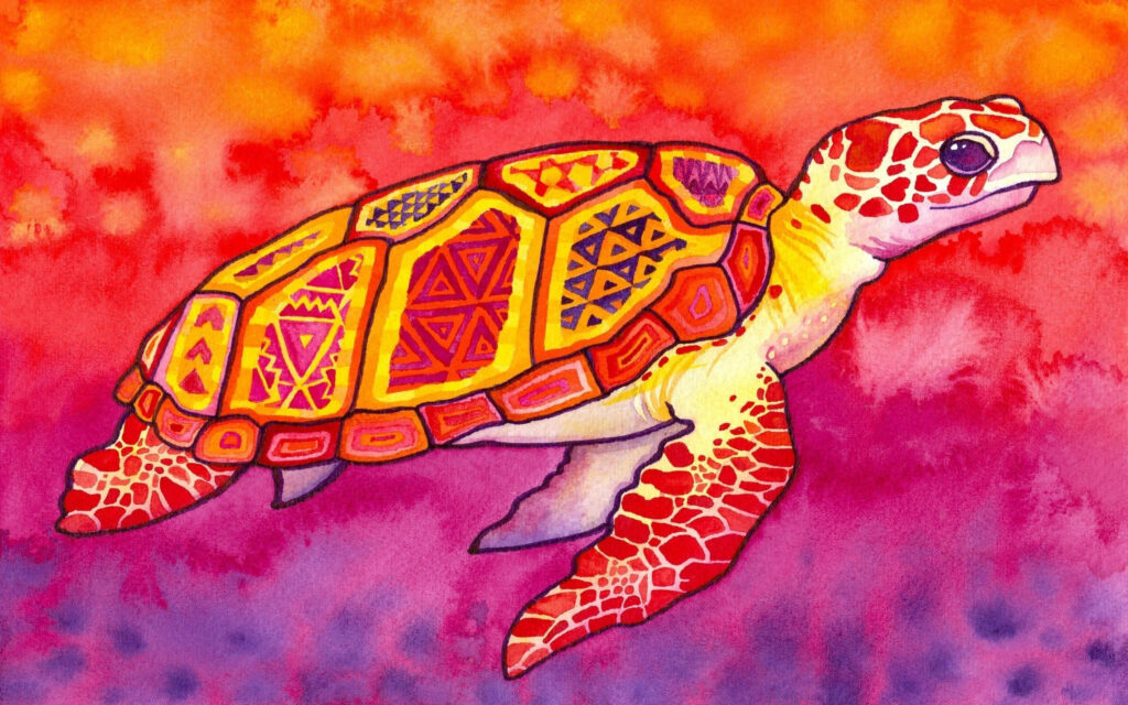 Vibrant turtle with geometric shell patterns swimming on colorful watercolor background wallpaper