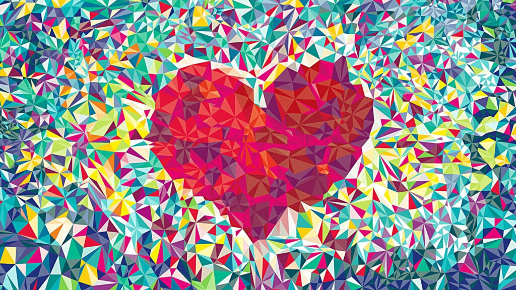 Vibrant Geometric Wallpaper: Red Heart in Multicolored Mosaic