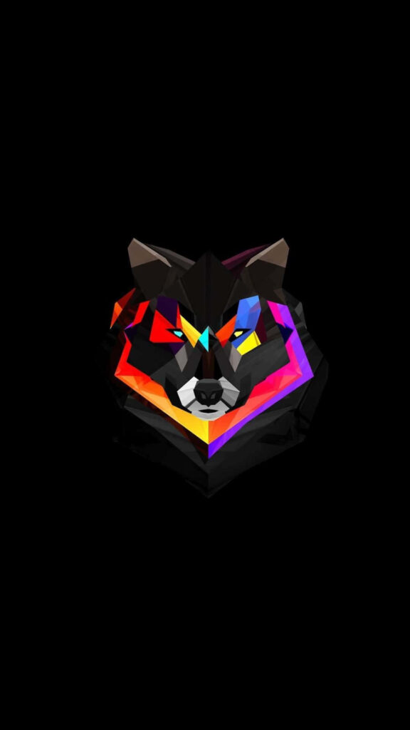 Bold Geometric Wolf Wallpaper: Multicolored Design on Black Background