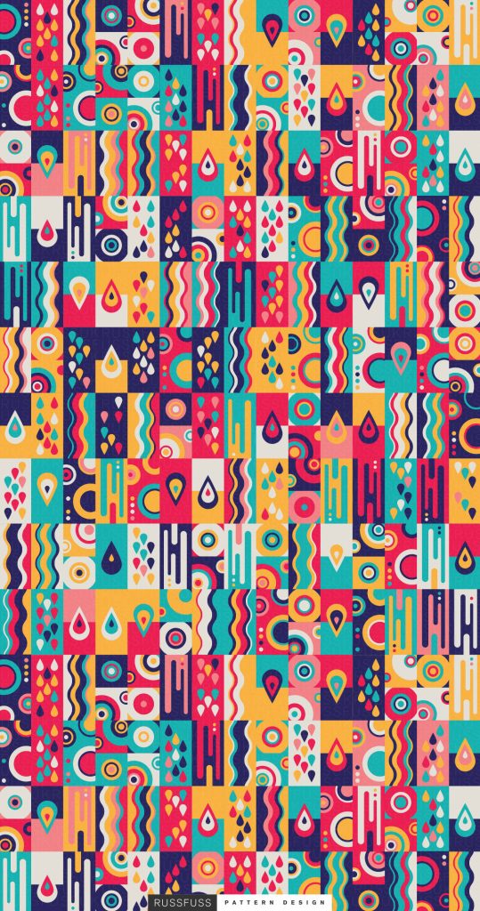 Colorful geometric iPhone wallpaper with teardrops concentric circles and wavy lines design by Russfuss