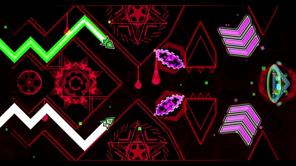 Vibrant Geometry Dash Wallpaper: Trippy Red & Neon Geometric Design
