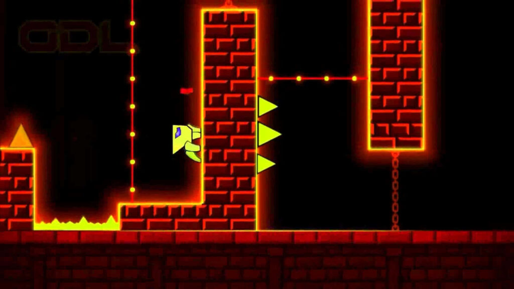 Vibrant Geometry Dash Wallpaper: Lava, Thorns & Brick Platforms