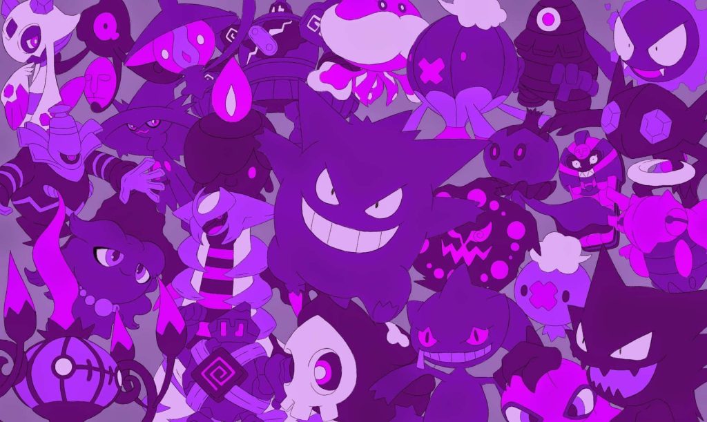 Ghost-type Pokémon wallpaper with Gengar Froslass Chandelure on vibrant purple background