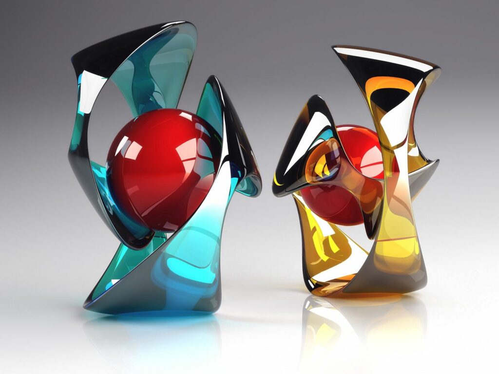 Vibrant Abstract Glass Shapes with Glossy Red Sphere Wallpaper