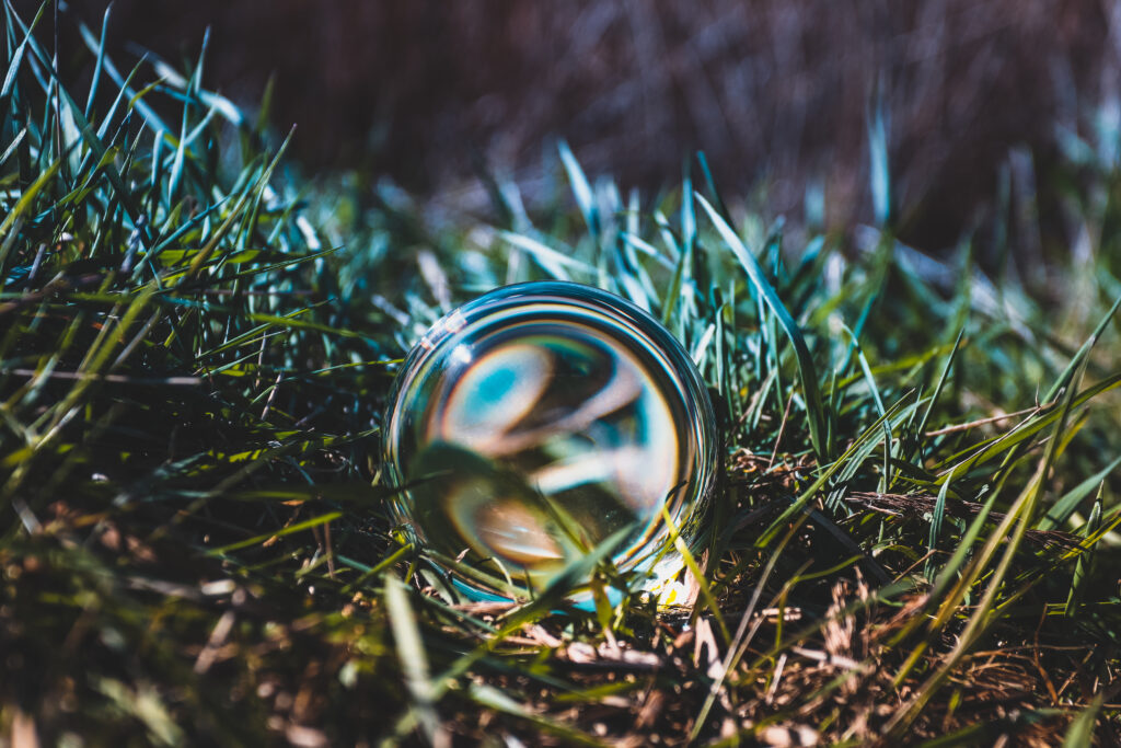 Glass Ball on Green Grass: Intricate Reflections Wallpaper Background