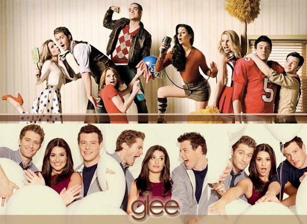 Glee cast collage wallpaper featuring Lea Michele Cory Monteith Matthew Morrison vibrant design