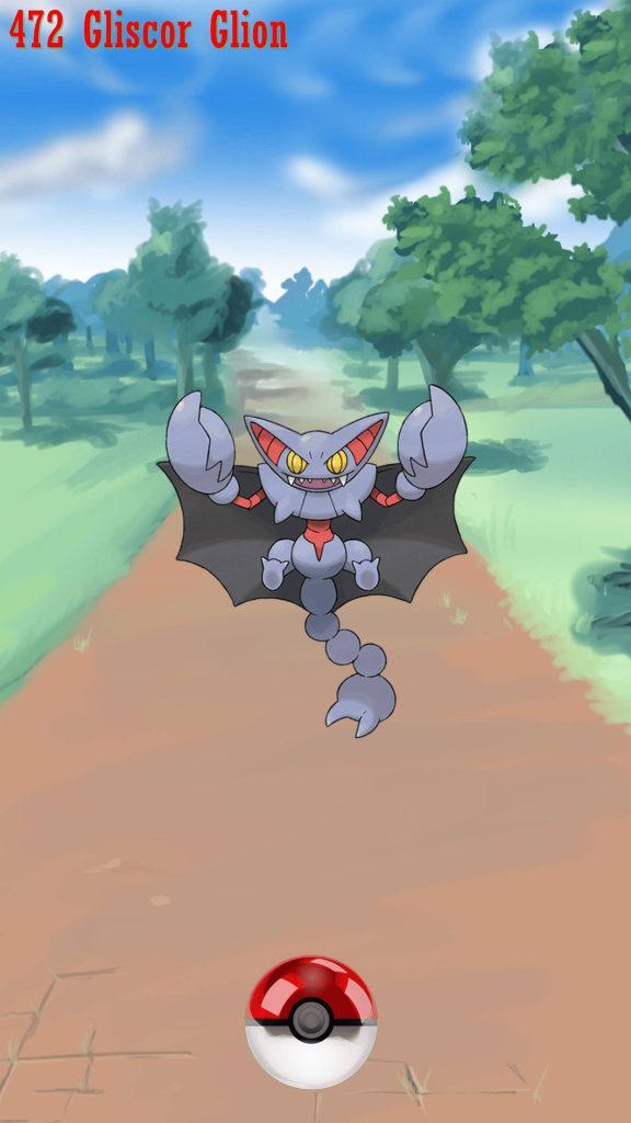 Gliscor Pokémon digital wallpaper flying over forest path with Poké Ball perfect fan background