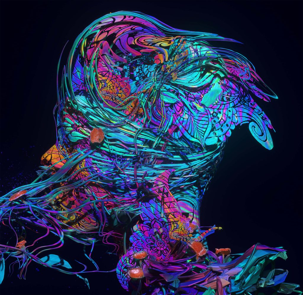 Surreal 3D glitchcore profile with neon circuitry, psychedelic patterns, and mushrooms wallpaper