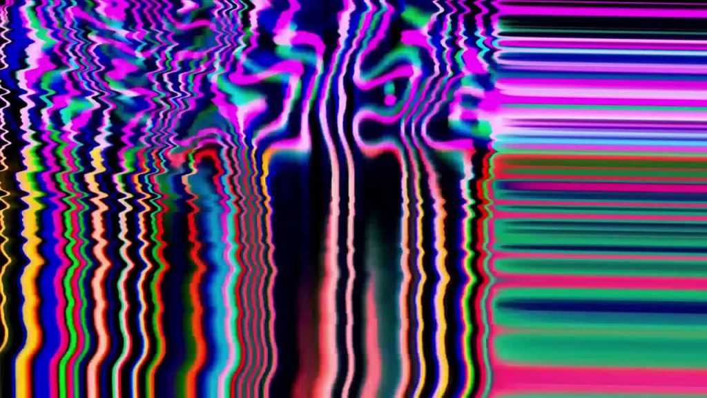 Glitchcore wallpaper with neon pink purple green waves and digital scanning lines background