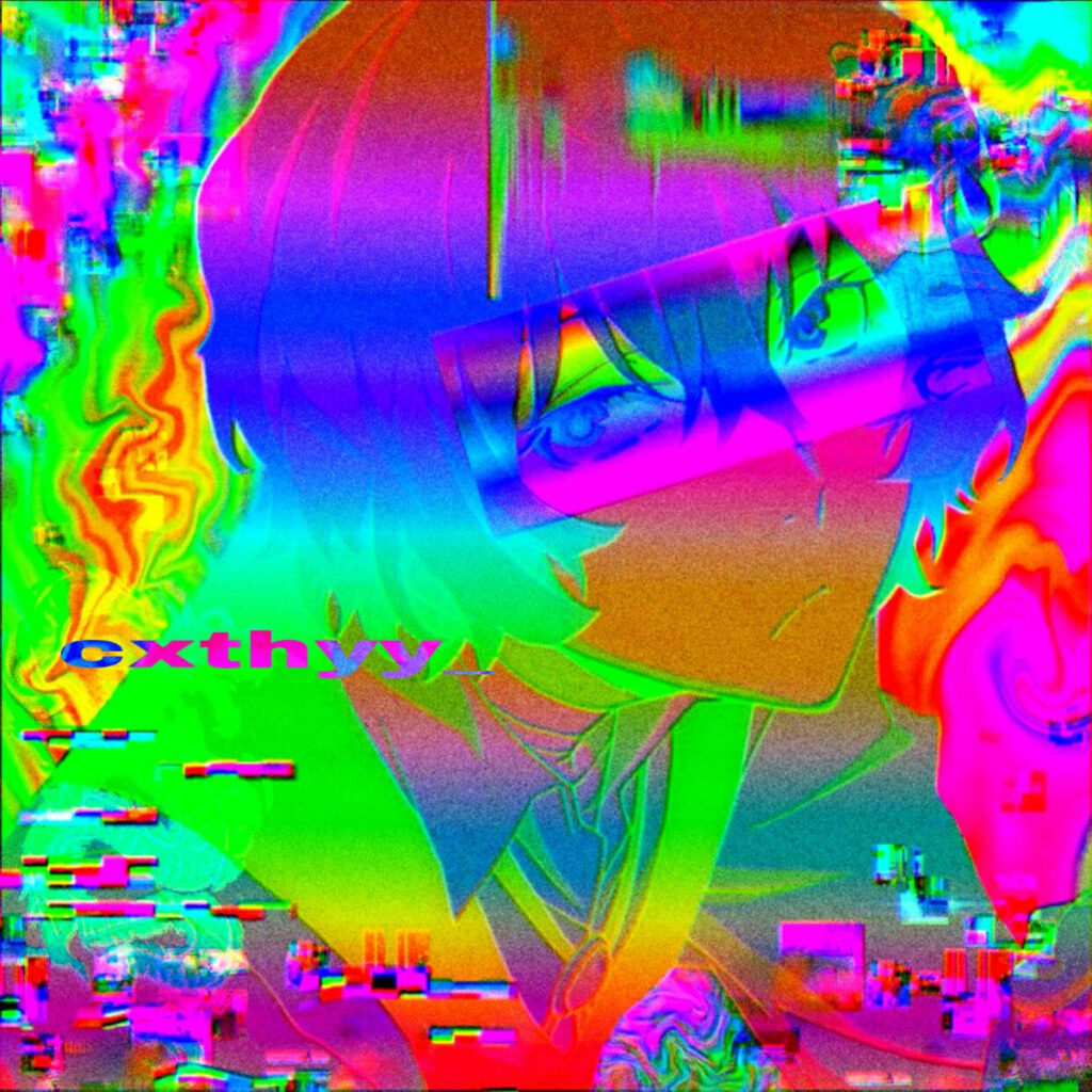 Glitchcore Wallpaper: Bold Rainbow Spectrum & Anime Character Design